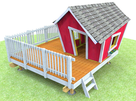 An island patio / deck with a white fence and a playhouse on top