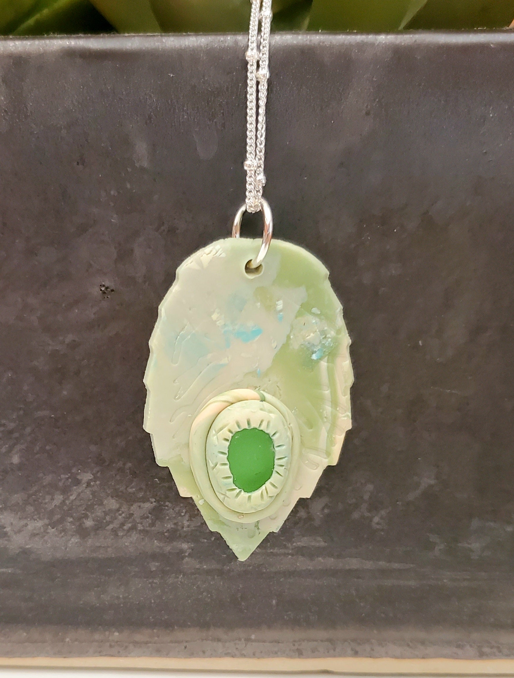 Polymer Clay and Green Sea Glass Leaf Necklace Garden