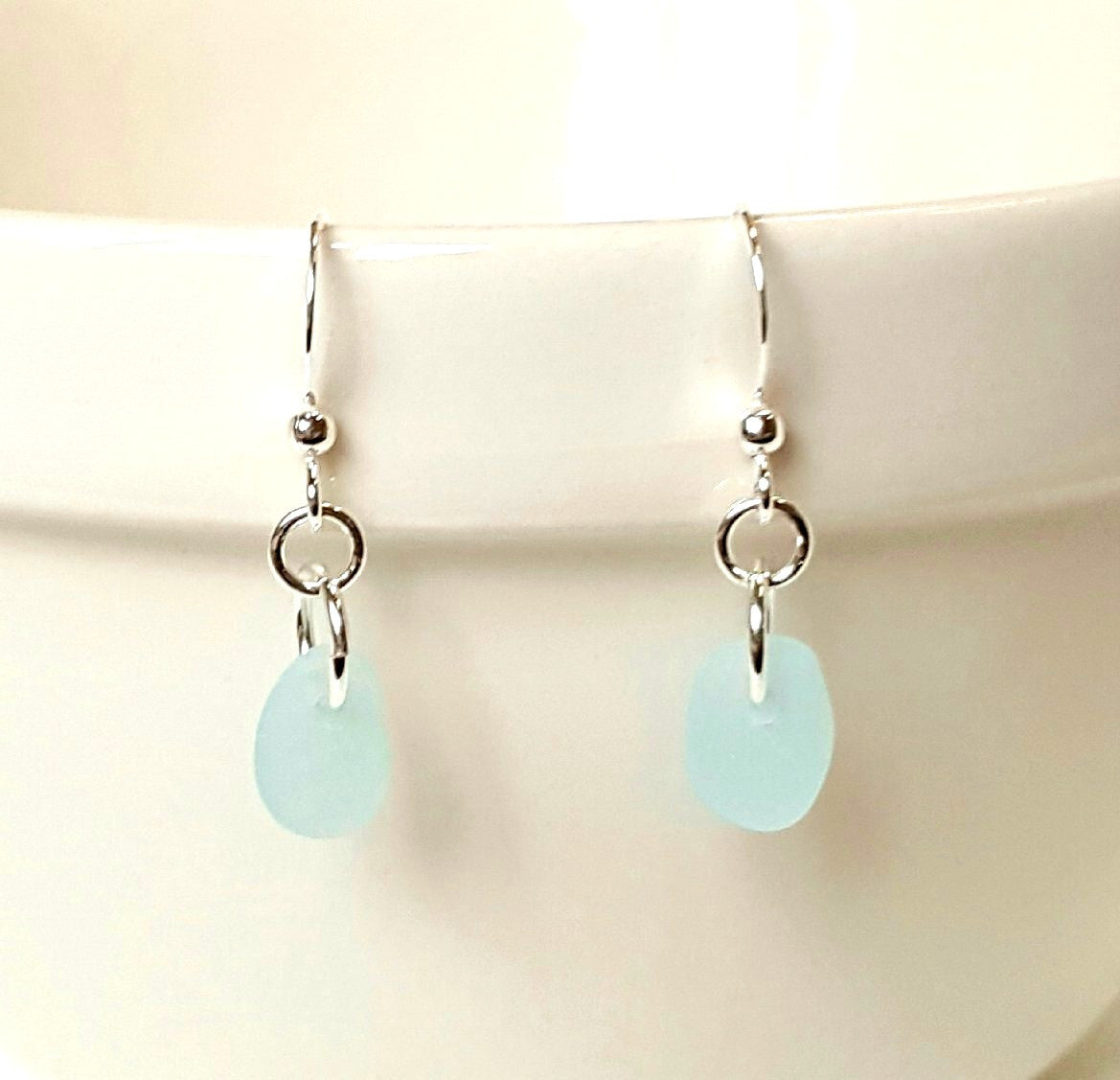 GENUINE Aqua Sea Glass Earrings Sterling Silver Choice Of Color ...