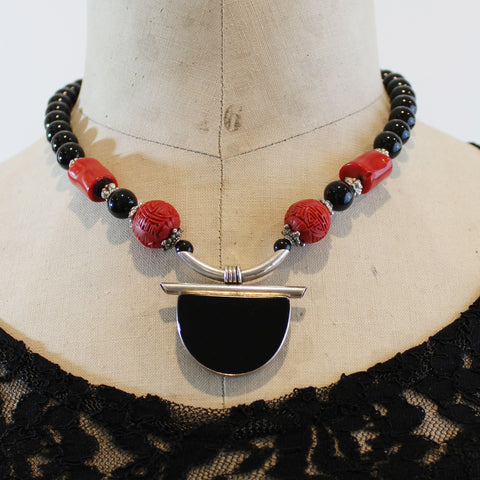 Asian Flair Necklace with Coral, Cinnabar and Onyx