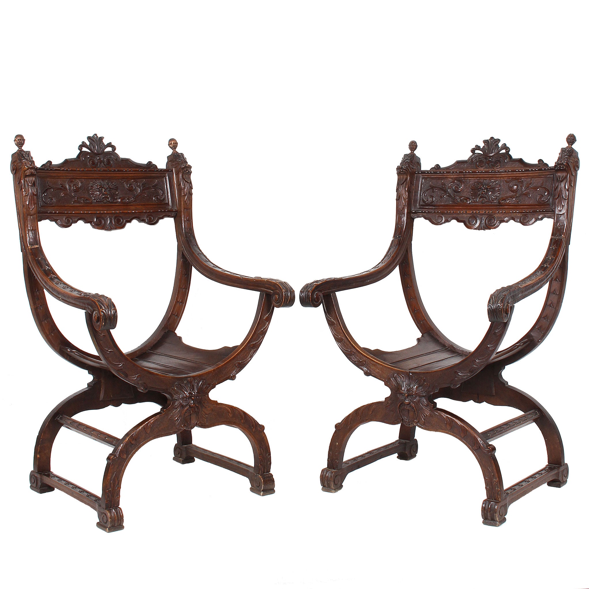 Italian Pair Carved Walnut Renaissance Style Armchairs Fatto A