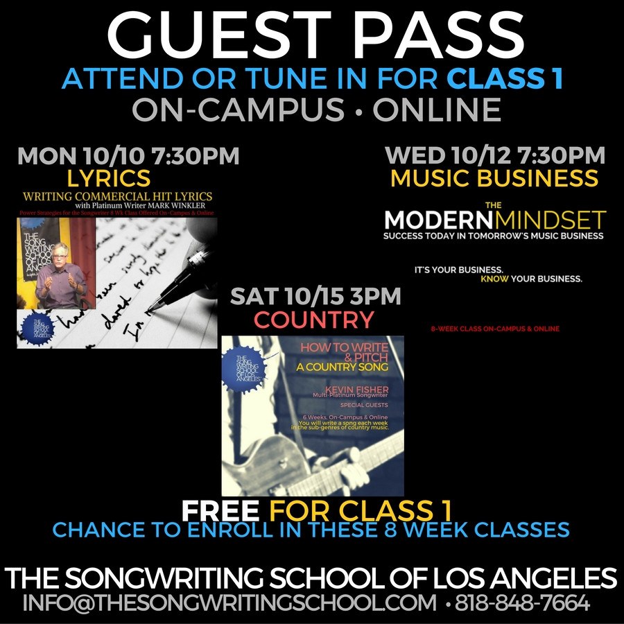 Guest Pass Attend Class 1 Of Lyrics Music Business Or Country Songs The Songwriting School Of Los Angeles