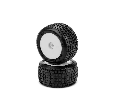 J Concepts - Dirt Trac Mini - Green Compound, Pre - Mounted, White Wheels, Fits Losi Mini - B/Mini - T Rear 2.0 - Hobby Recreation Products