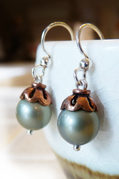 Acorn Swarovski Crystal Pearl Drop Earrings - Moss Green, Copper & Silver Dangle Earrings