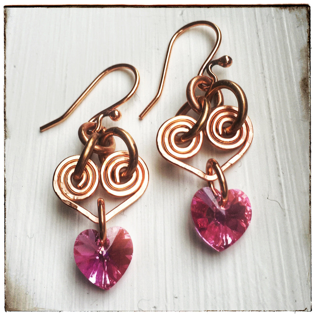 Pink Hearts - Swarovski Crystal & Copper Wire Earrings – Rhonda Chase ...