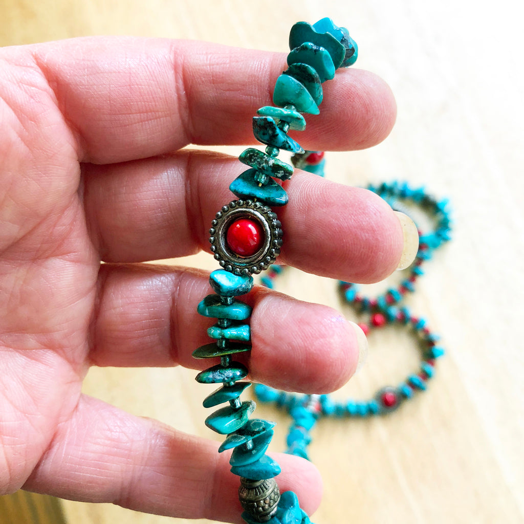 Genuine Turquoise, Green and Red, Beautiful Beaded Long Necklace ...