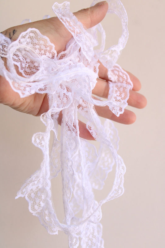 Vintage White Ruffled Lace Trim, Ribbon Insert, 1.25 wide, 3