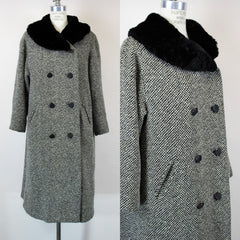 Vintage 1950s Bergdorf Goodman Black and White Tweed Wool Overcoat With Faux Fur Collar