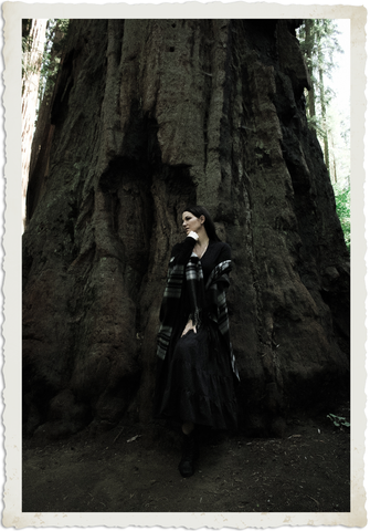 Woman in old world Scottish dress leans against a giant Sequoia Tree