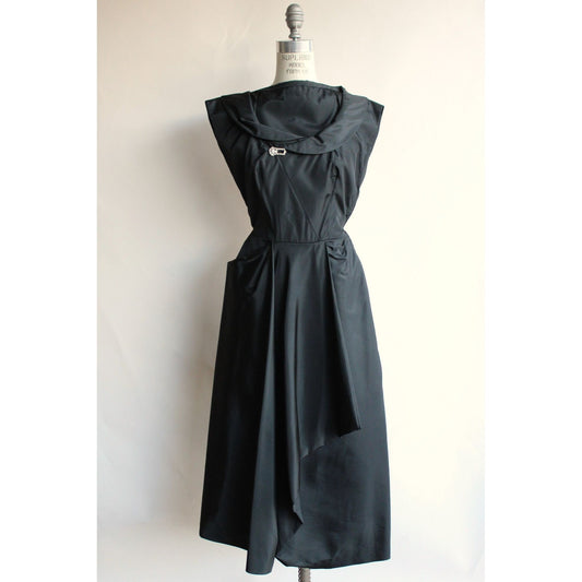 Vintage 1950s Black Silk Taffeta Cocktail Dress With Pink Silk