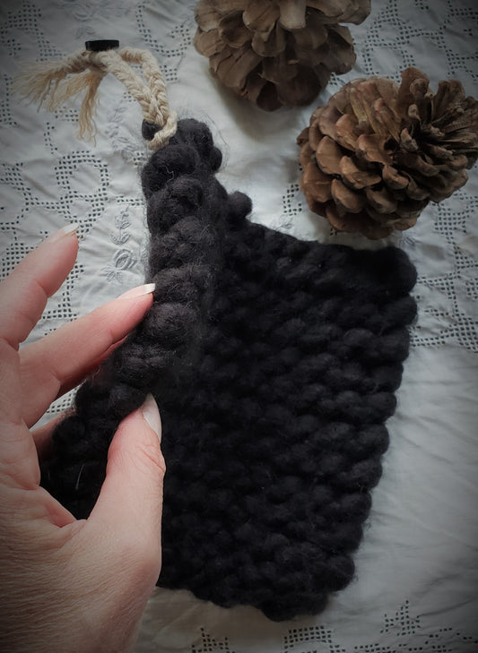 Shadow Hand Knit Book Pouch or Cover in Chunky Black Yarn