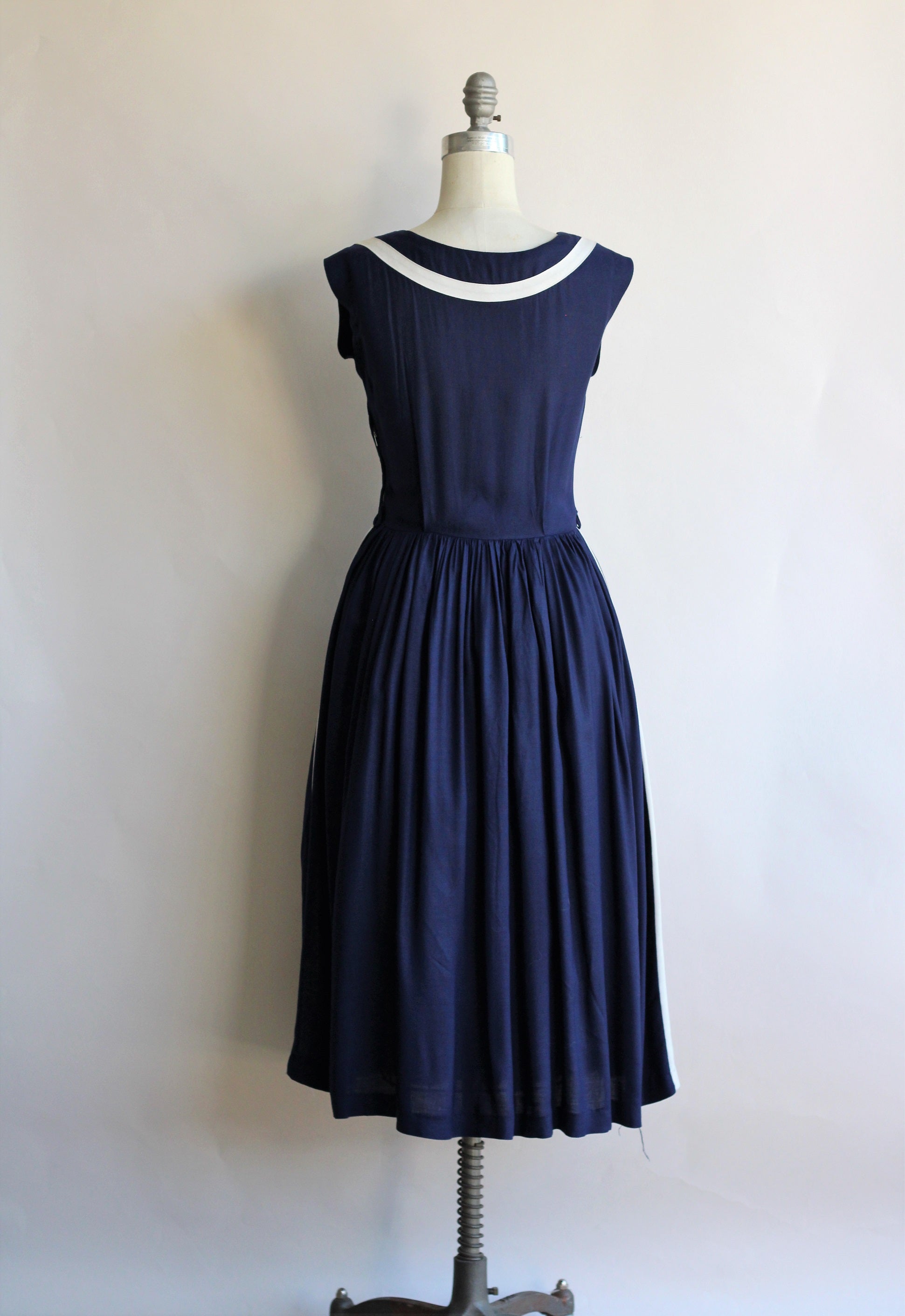 1950s Navy Blue Dress with White Appliques and Stripes - Toadstool Farm ...