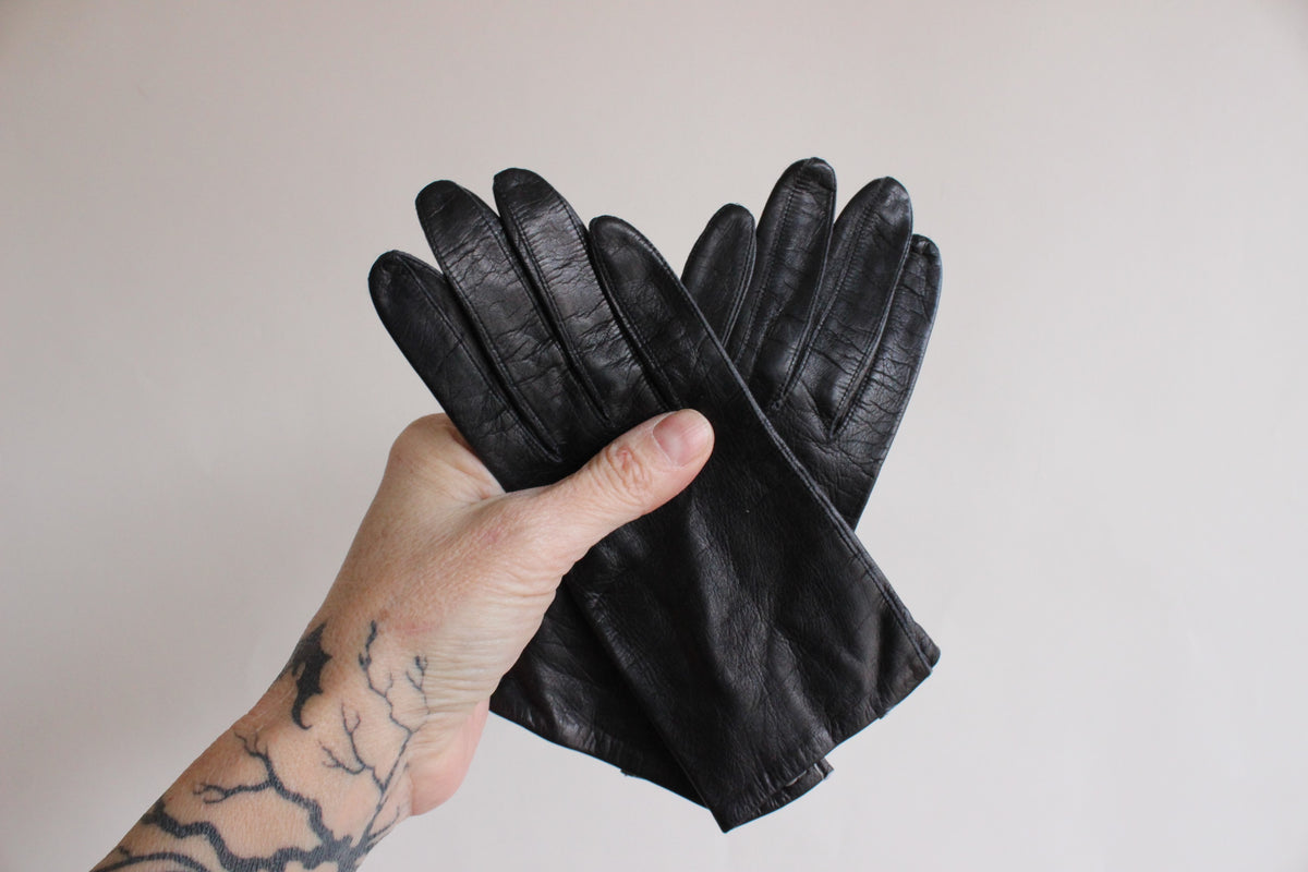 Vintage 1960s Black Leather Gloves, Size 6 - Toadstool Farm Vintage