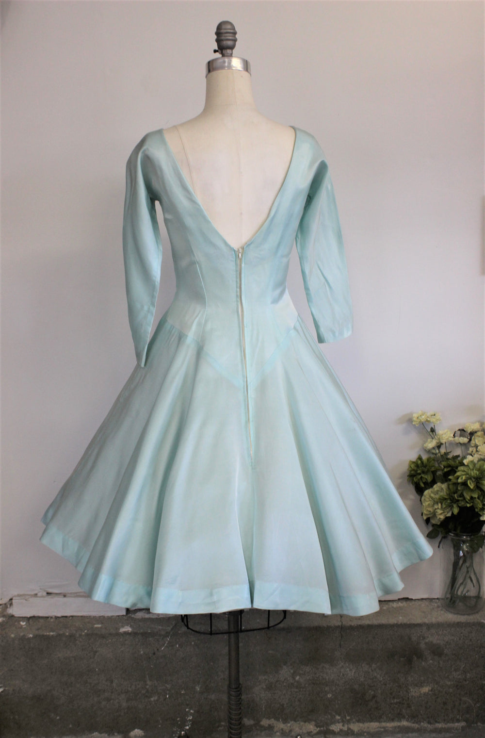 Vintage 1950s Satin Fit And Flare Ice Blue Dress - Toadstool Farm Vintage