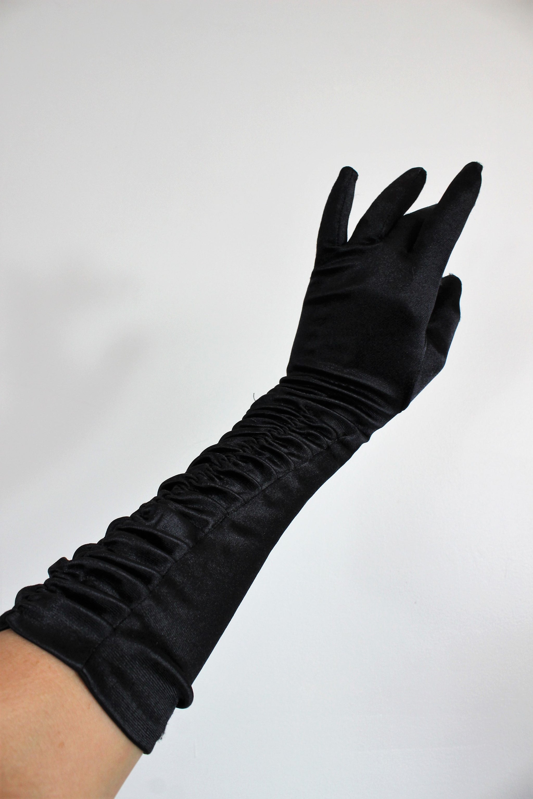 Vintage 1990s Black Satin Gloves With Ruching - Toadstool Farm Vintage
