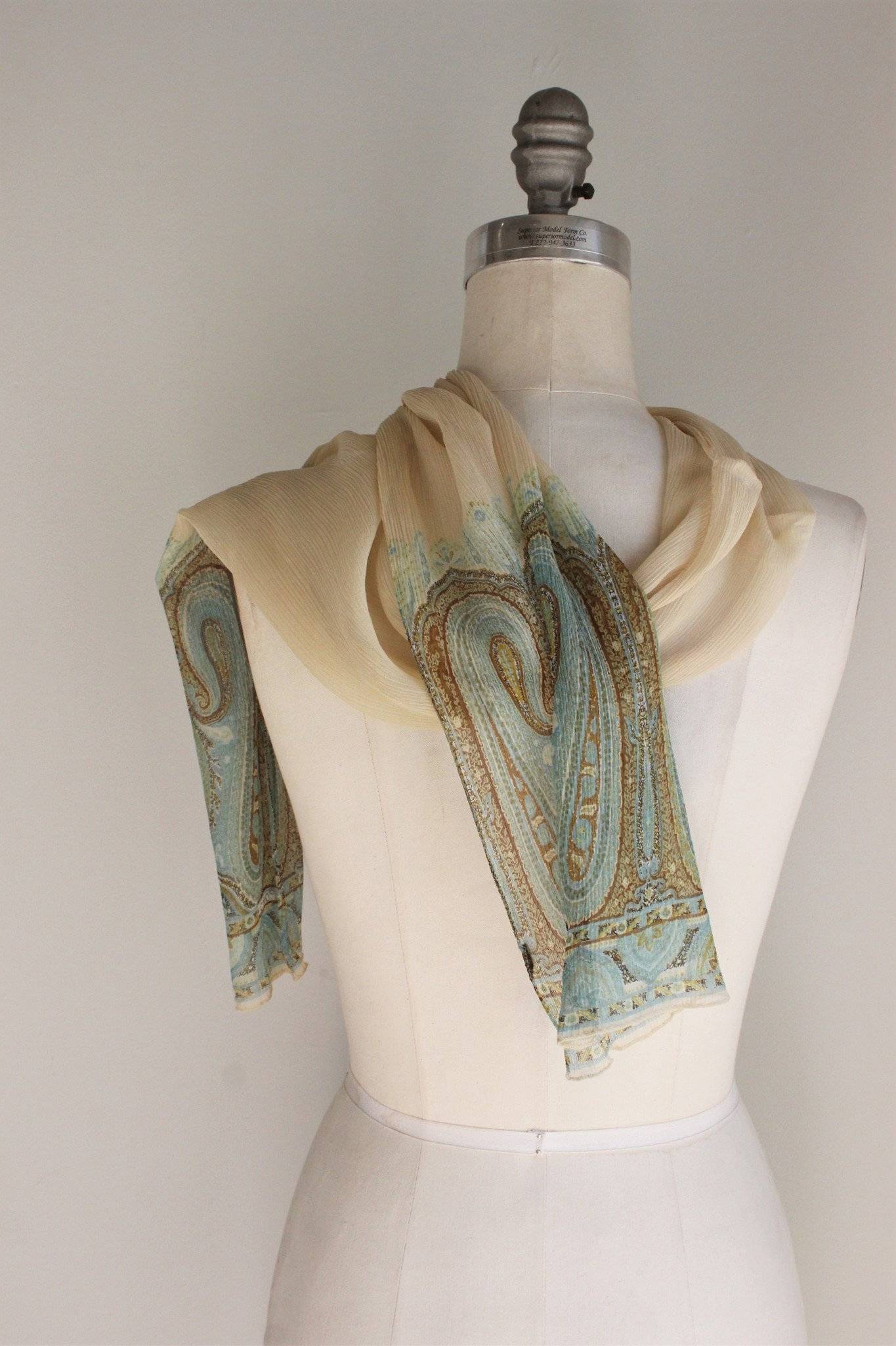 Vintage Echo 1960s Long Scarf, Ivory Chiffon Green Blue And Brown Pais ...