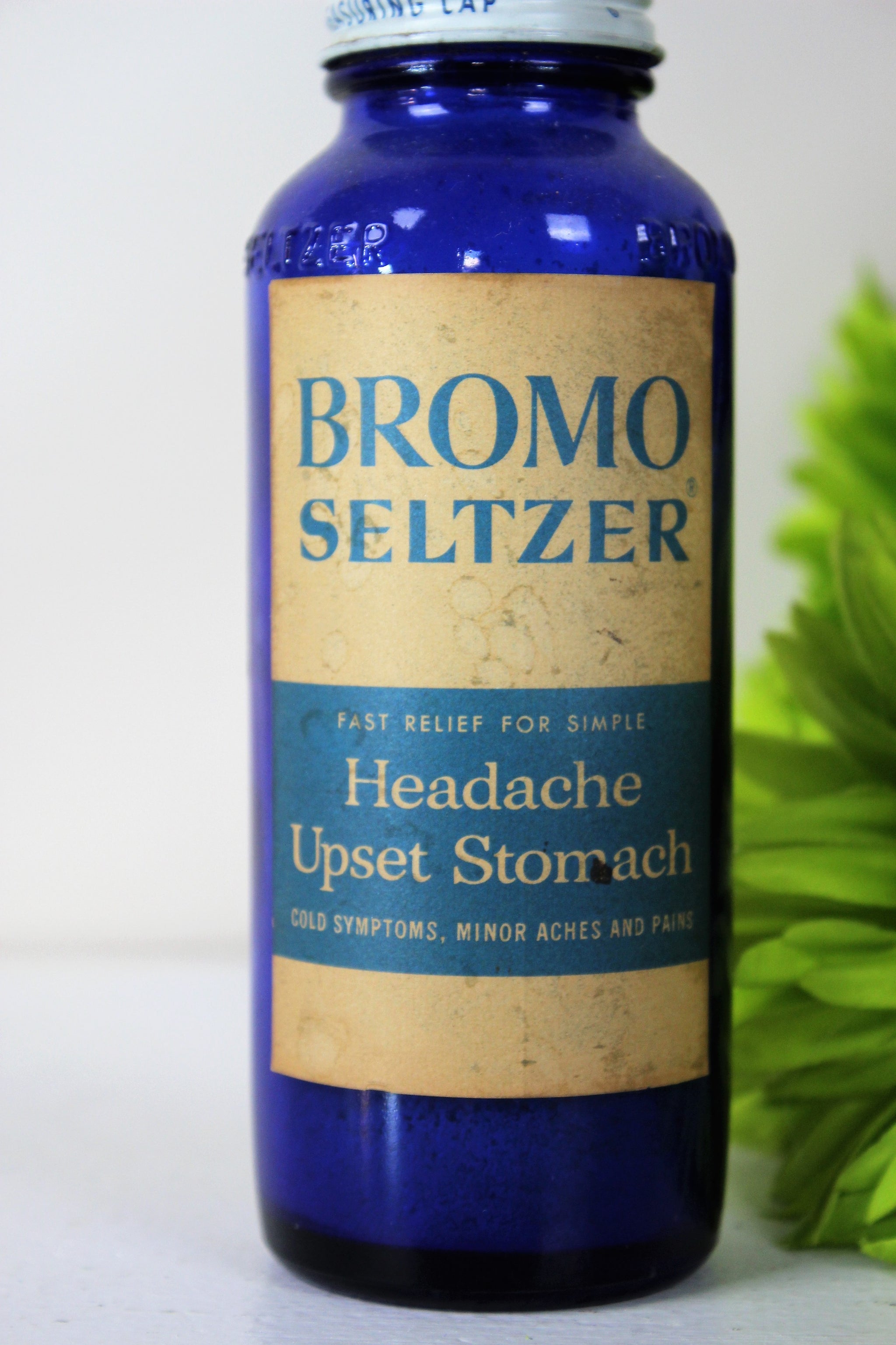 Vintage Cobalt Blue Glass Bottle of Bromo Seltzer  With 
