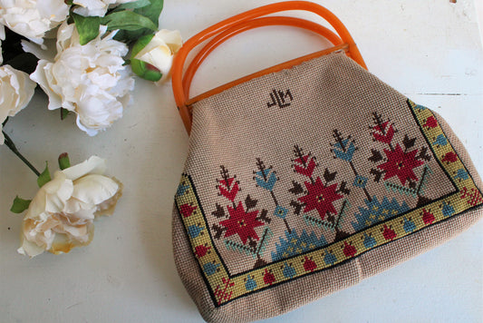 Vintage 1950's Carpet Bag, believed to be Nubby Floral by Julius Resnick,  in Cre