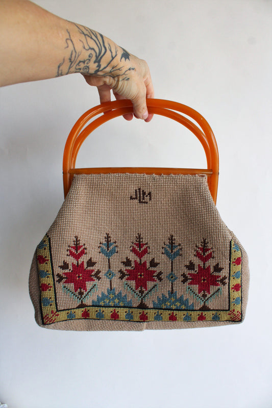 Vintage 1950's Carpet Bag, believed to be Nubby Floral by Julius Resnick,  in Cre