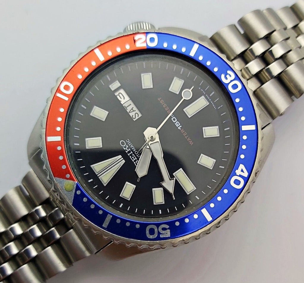 84' SEIKO 6309 7290 SS MENS DATE 4d2187 AUTOMATIC PEPSI EU SHIP SERVIC –  Barcelona Vintage Time