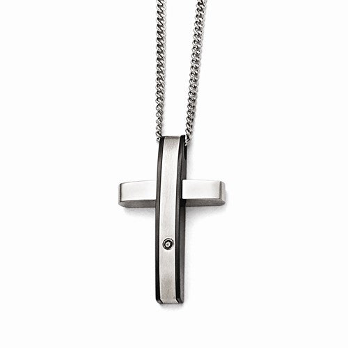 Stainless Steel Polished/Black IP-plated 1pt. Diamond Cross Necklace ...