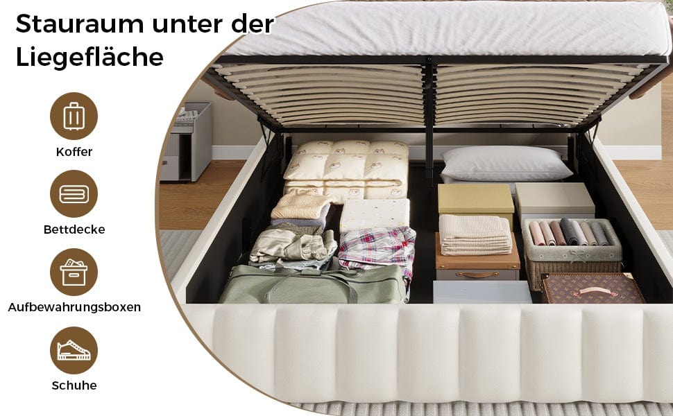 Bett mit LED Beleuchtung, Polsterbett, Regalkopfteil mit Stauraum, Bettgestell mit Lattenrost, bequem, Weiß