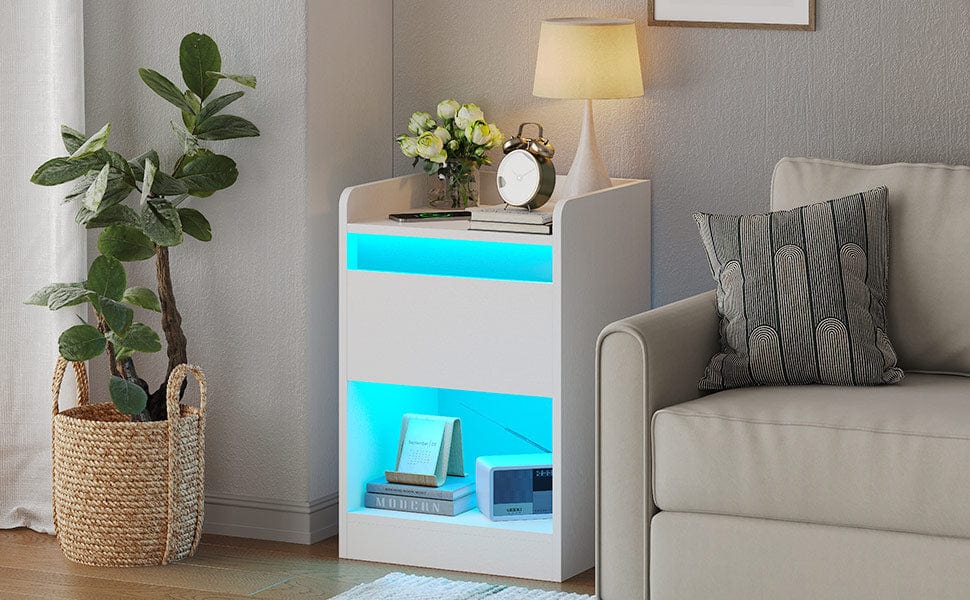 Nachttisch mit 2 LED Streifen Ladefunktion Weiß