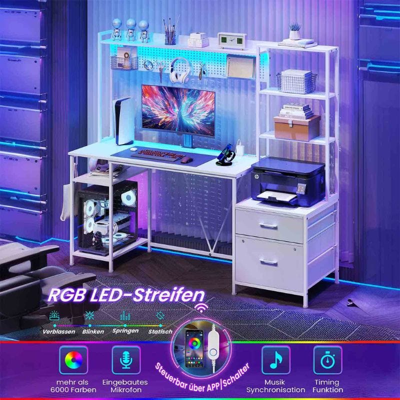 Gaming Tisch mit LED, Steckdose, 2 Schubladen, und verstellbare Ablagen, Weiß