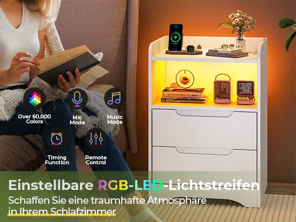 Nachttisch 2er-Set mit Ladefunktion und LED-Licht