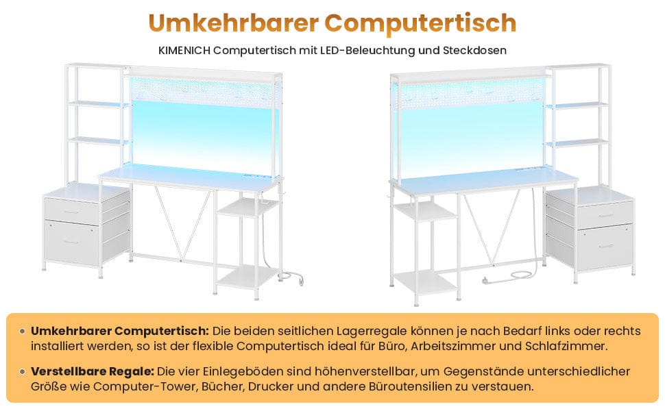 Gaming Tisch mit LED, Steckdose, 2 Schubladen, und verstellbare Ablagen, Weiß