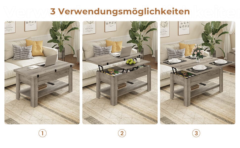 Couchtisch Höhenverstellbar 3-in-1-Multifunktions-Wohnzimmertisch Kaffeetisch Als Esstisch nutzbar, Grau
