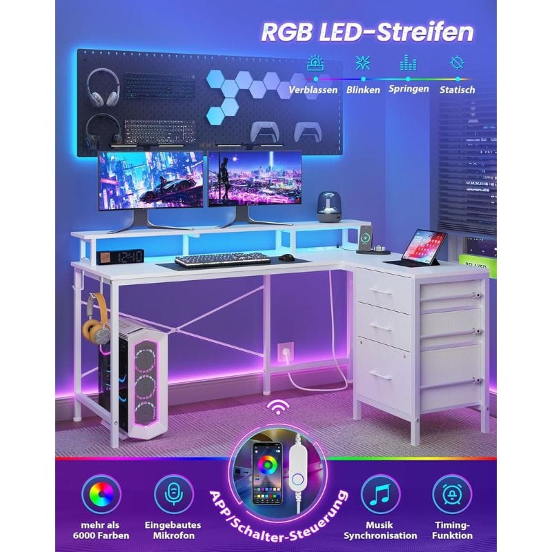 Sikiaic Gaming Tisch Form L mit LED, Steckdose, Monitorständer und verstellbare Ablagen, fürs Zuhause, Büro