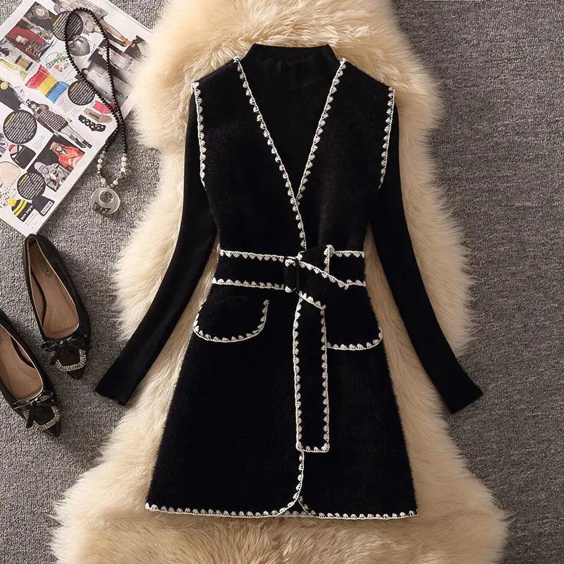 Korean Belted Mid-Length Vest Jacket Women Spring Fashion Design Waistcoat+Half Turtleneck Sweater Chic Vest Suit 2 Piece Sets - Trendy Mix