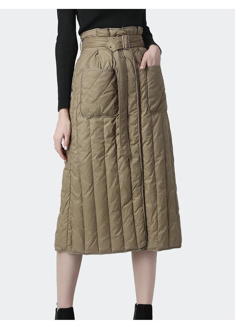 Women Winter Down Skirt High Waist A-Line Warm White Duck Down Skirts With Pockets Belt Lace-Up Plus Size Lady Casual Long Skirt - Trendy Mix