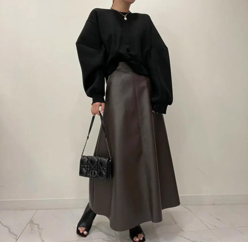 High-Waisted PU Leather A-Line Skirt for Women - Trendy Mix