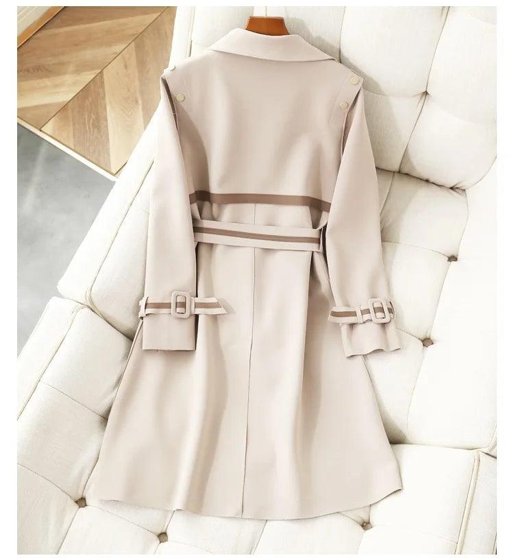 Long Casual Windbreaker Women Overcoat New Spring Autumn Suede Trench Coat Fashion Belt Double-Breasted Stitching Coat Outwear - Trendy Mix