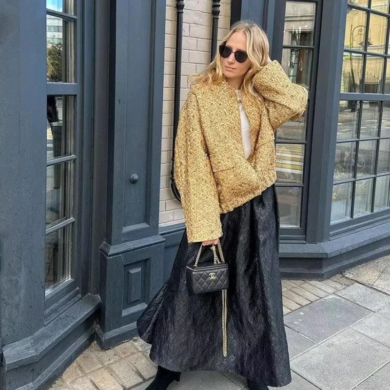 Gold Sequin Bomber Jacket for Women - Trendy Mix
