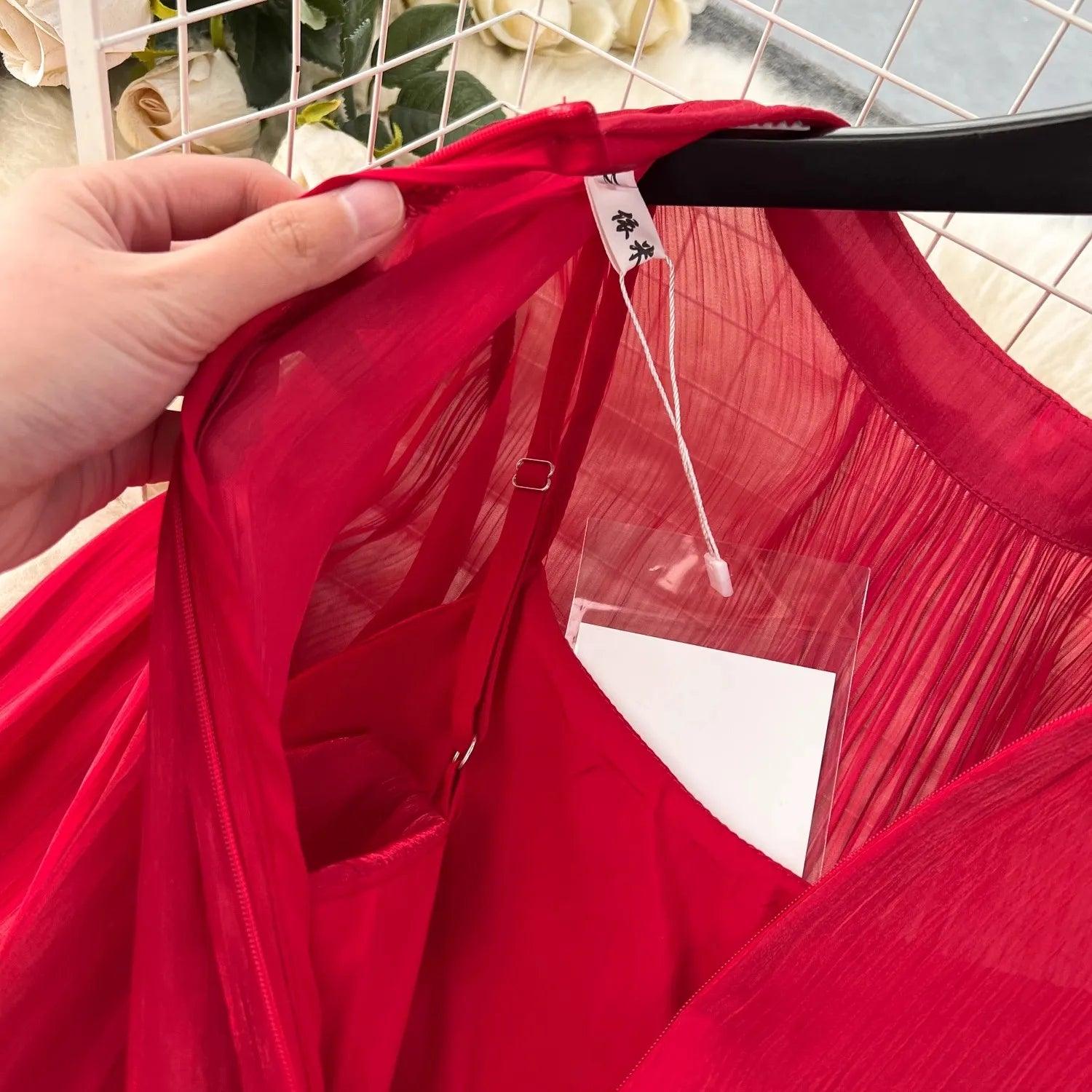 2024 Elegant Red Organza Puff Sleeve Prom Dress - Trendy Mix