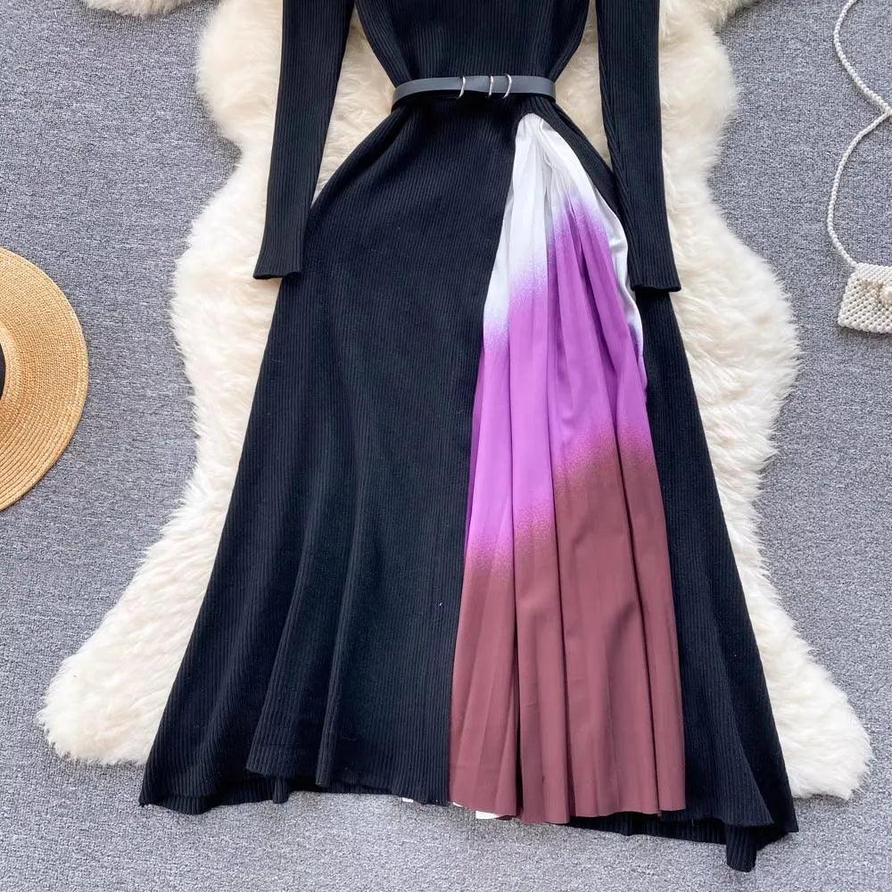 French Retro Knitted Gradient Pleated Dress - Trendy Mix