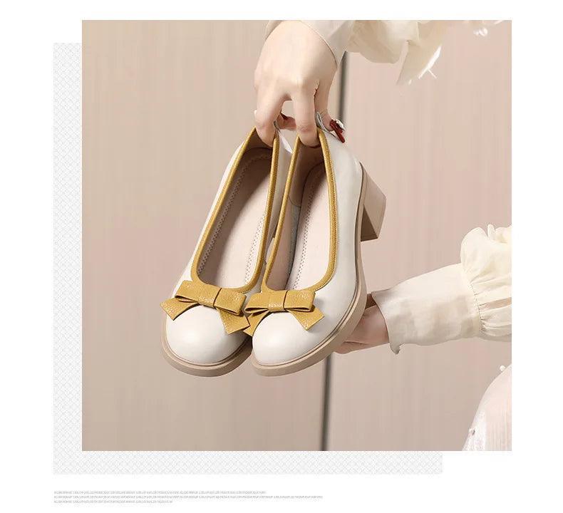 Mixed Colors Bow Genuine Leather Shoes Fashion Pumps Shoes Woman New 2024 Large Size Women Shoes High Heels - Trendy Mix