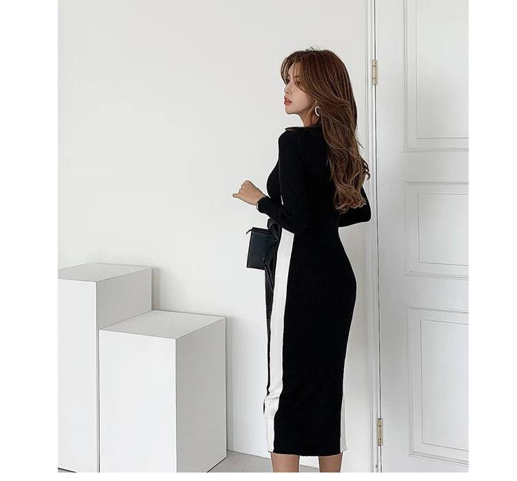 Winter Color Matching Office Pencil Elastic Knitted Dress Women Bottoming Sheath Dresses Work Bodycon Vestidos New - Trendy Mix