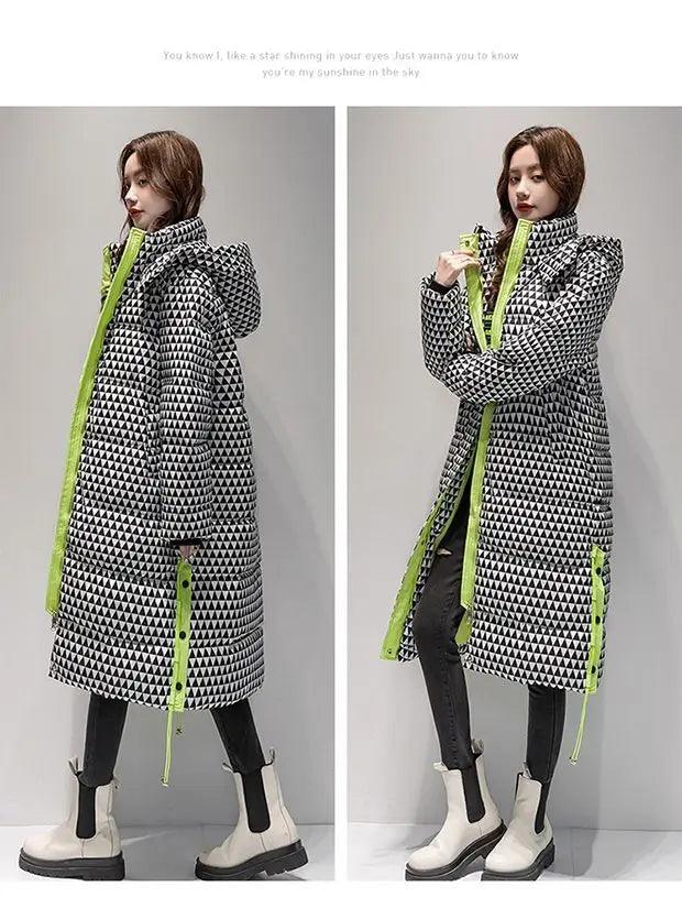 Women Winter Contrasting colors Hooded Jacket Fashion Casual Down Cotton Thicken Coat Warm Parkas Windproof Female Long Overcoat - Trendy Mix