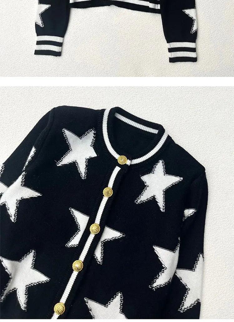 New 2024 Spring Knit Cardigan Star Jacquard Coat Women Sweater Luxury Design Iconic Lion Gold Button Femme Clothing Buckle Tops - Trendy Mix