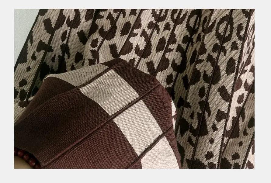 Knitted Long Skirt Women New Autumn Winter Fashion Leopard Printed A Line High Waist Pleated Midi Skirt Female Clothing - Trendy Mix