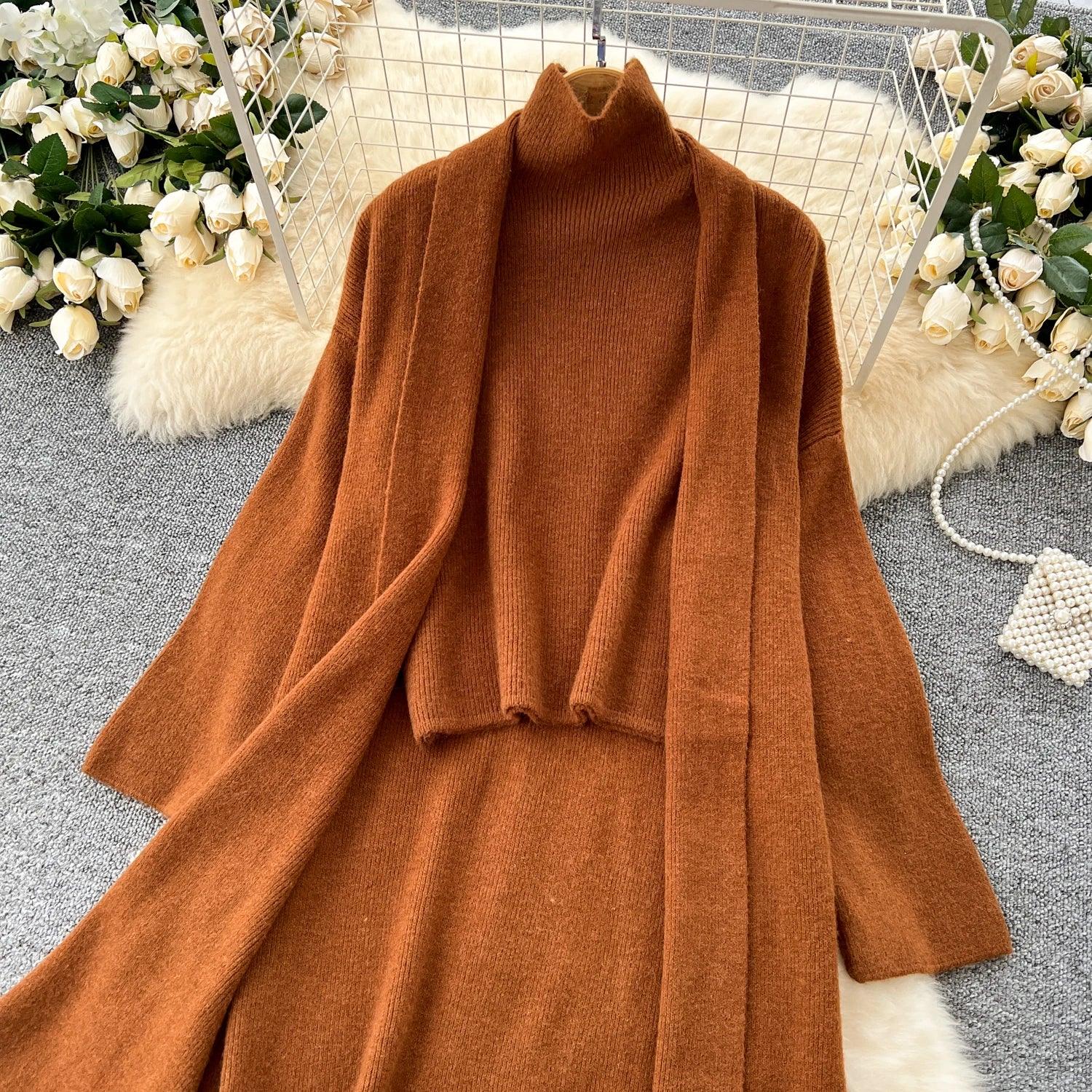 3PC Sweater Set: Cardigan, Turtleneck & Skirt - Trendy Mix