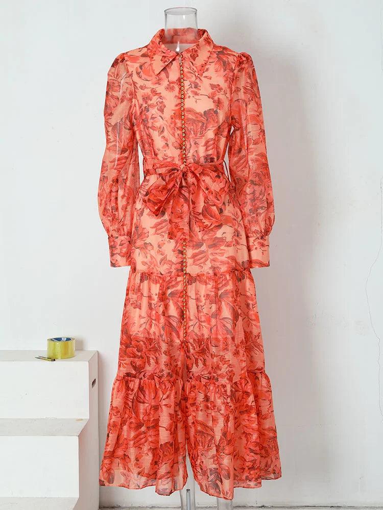 Printed Fashion Elegant Dresses For Women Lapel Lantern Sleeve Single Breasted Bandage Midi Dress 2024 Summer New - Trendy Mix