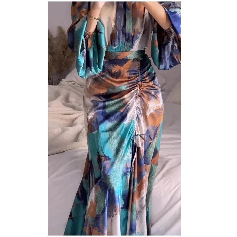 Elegant Tie-Dye Pleated Dress with Lantern Sleeves - Trendy Mix