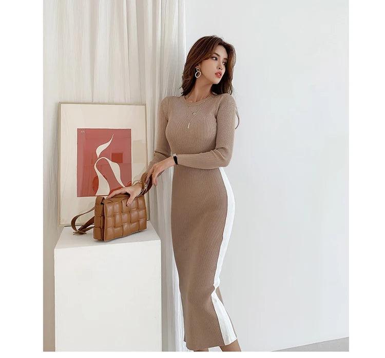Winter Color Matching Office Pencil Elastic Knitted Dress Women Bottoming Sheath Dresses Work Bodycon Vestidos New - Trendy Mix
