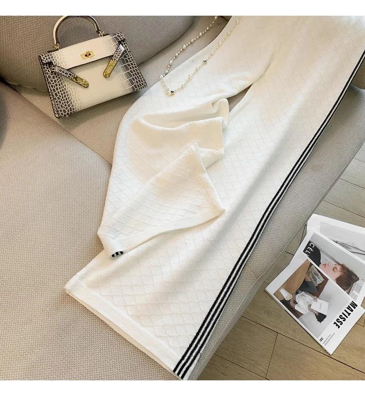 Women Knitted 2 Piece Suit Sweater cardigan Top And Pant Two Piece Set Matching Outfit Stripe Elegant Chic Winter Clothing - Trendy Mix