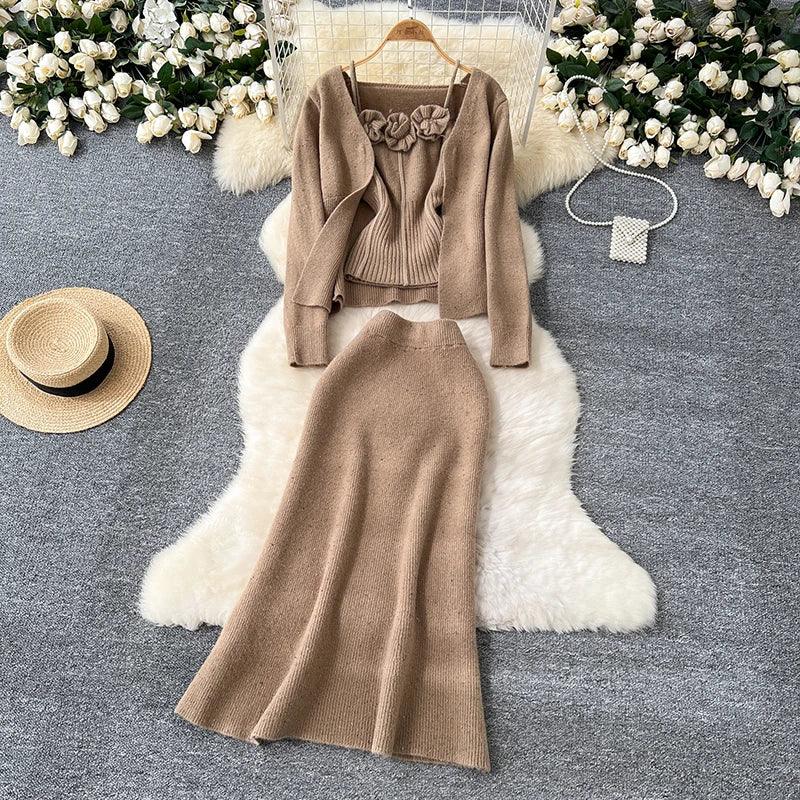 Women Long Sleeved Knitted Cardigan+tank Top+fashion High Waist Slim Half-length Skirt Suit Women Solid Street Three-piece Suit - Trendy Mix